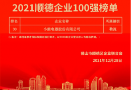 小熊电器荣登顺德首次百强企业榜，位列第30位